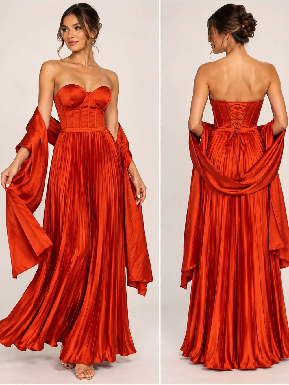 Orange Red Satin Corset Maxi Dress with Shawl Size 8